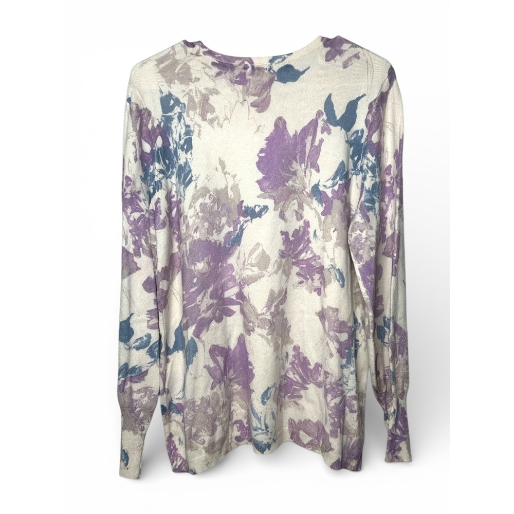 Chicos Women's Long Sleeve Floral Sequin Sweater Size Large Purple Blue Cream